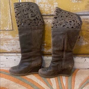 Brown Leather Cutout Knee-High Boots